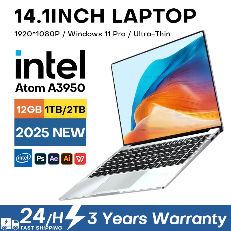 14.1 inch Portable Windows 11 Pro Laptop Computer Intel Atom A3950 12GB RAM 1TB 2TB SSD Office Notebook Business Pc Laptops