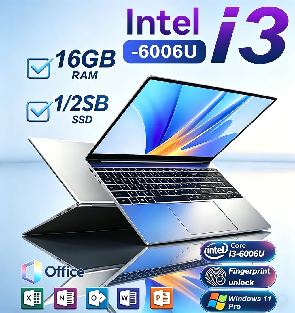 Ultra Slim Laptops 15.6" Notebook PC Intel Core i3-6006U 16GB RAM 1TB SSD Office Computer Fingerprint unlock Windows 11 Laptop