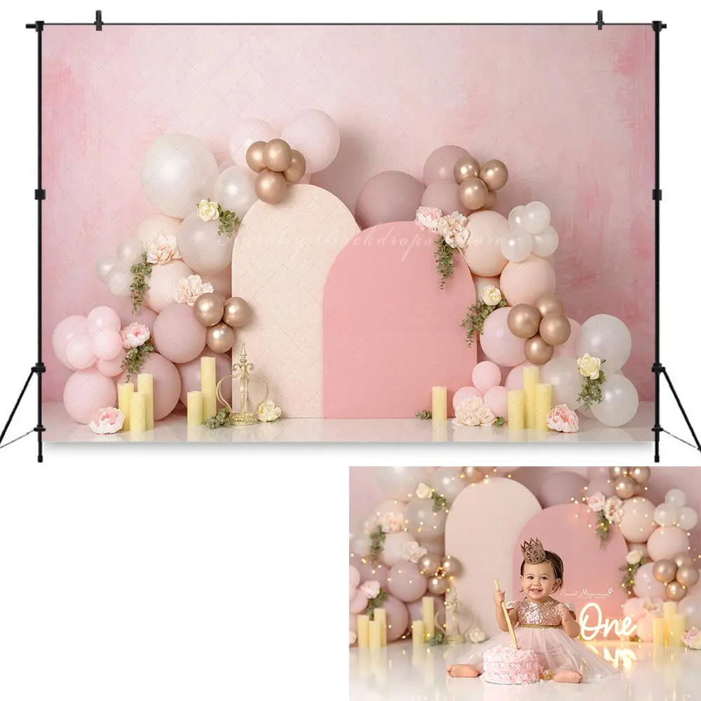 Romance Blushing Pink Photography Backdrop Kids Baby Cake Smash Photocall Decors Balloon Arch and Candle Studio Backgrounds