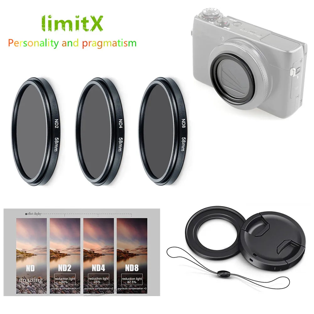 ND2 ND4 ND8 Neutral Density ND Filter Kit & Adapter Ring Lens Cap Keeper for Canon G7X Mark II III Ricoh GR II III IIIx HDF