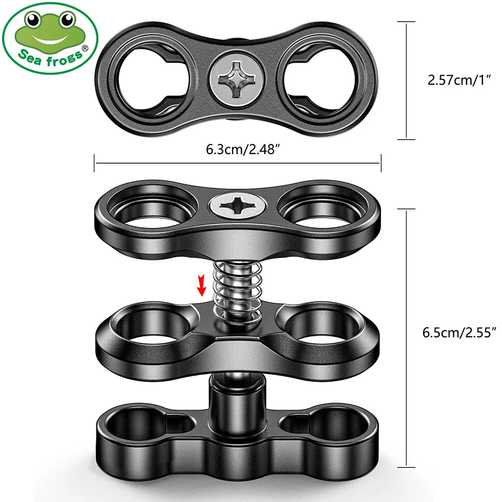Seafrogs 2.55'' Ball Arm Clamp 2 Hole Camera Waterproof Case Tray Ball Joint Arm System Combination Clamp Dive Flashlight Holder