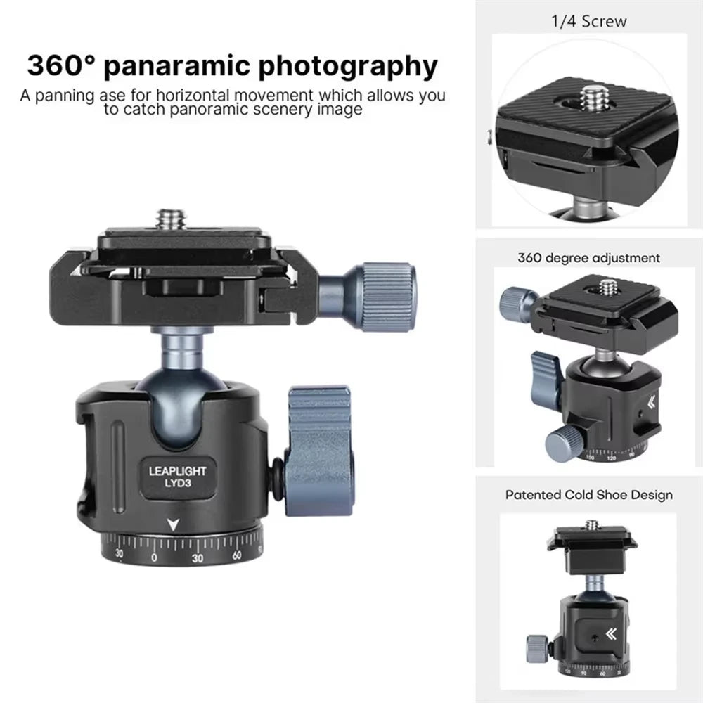Quick Release Aluminum Tripod Ball Head w Arca Swiss +Cold Shoe Camera Mount for DSLR Camera Monitor Mic Light Tripod Photograph