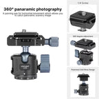Quick Release Aluminum Tripod Ball Head w Arca Swiss +Cold Shoe Camera Mount for DSLR Camera Monitor Mic Light Tripod Photograph