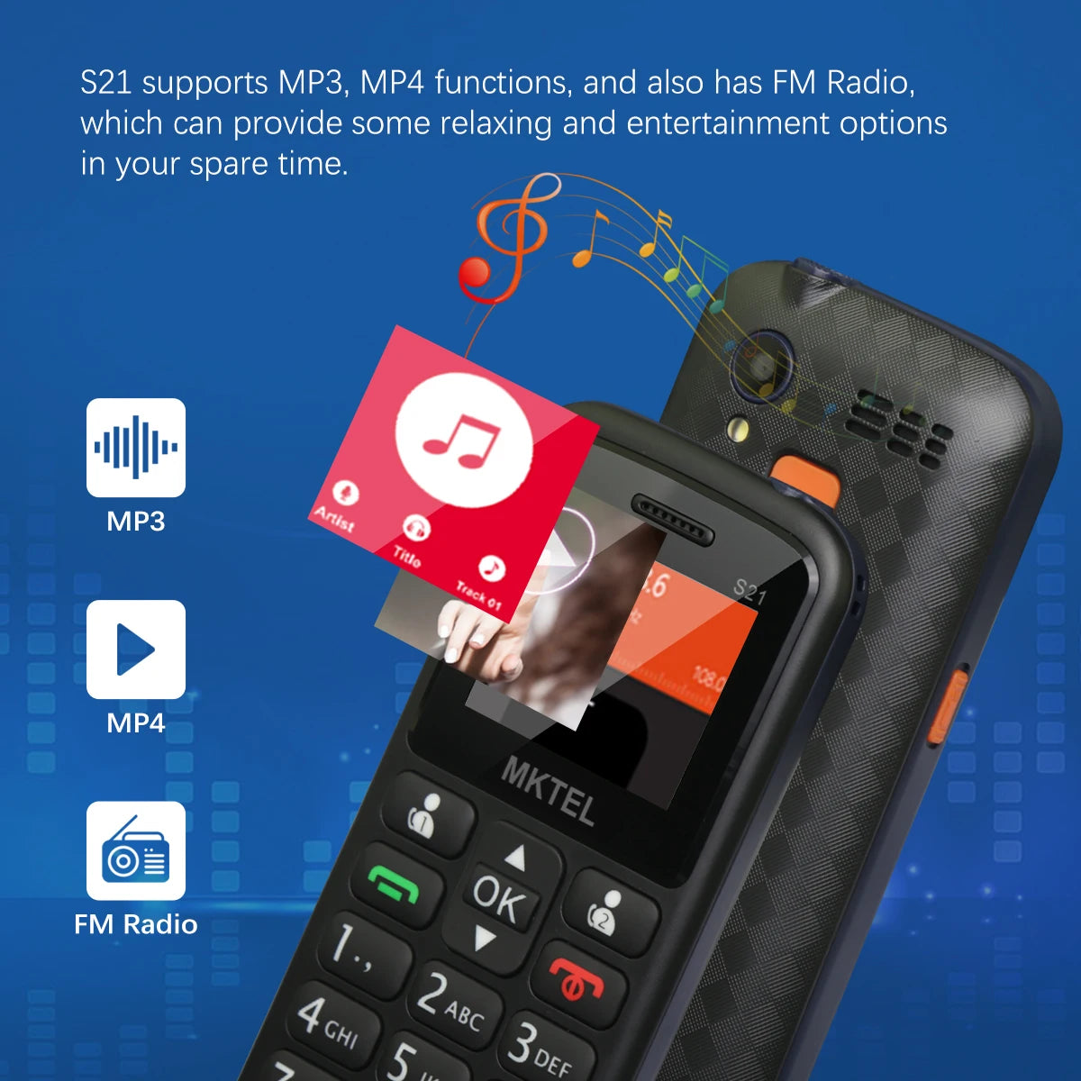 MKTEL S21 Feature Phone 1.77" Screen 800mAh Battery Dual SIM Dual Standby Loud Speaker MP3 MP4 FM Radio 2G Phone For Seniors