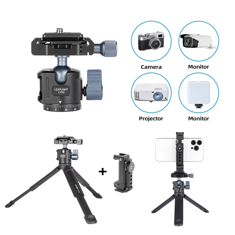 Rótula de bola de trípode de aluminio de liberación rápida con Arca Swiss + Soporte de zapata fría para cámara DSLR Monitor Micrófono Luz Trípode Fotografía