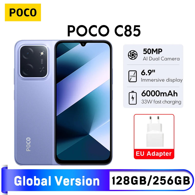 New POCO C85 Global Version NFC Smartphone MediaTek Helio G81-Ultra 6000mAh battery 6.9" 120Hz display 33W Charging 50MP Camera