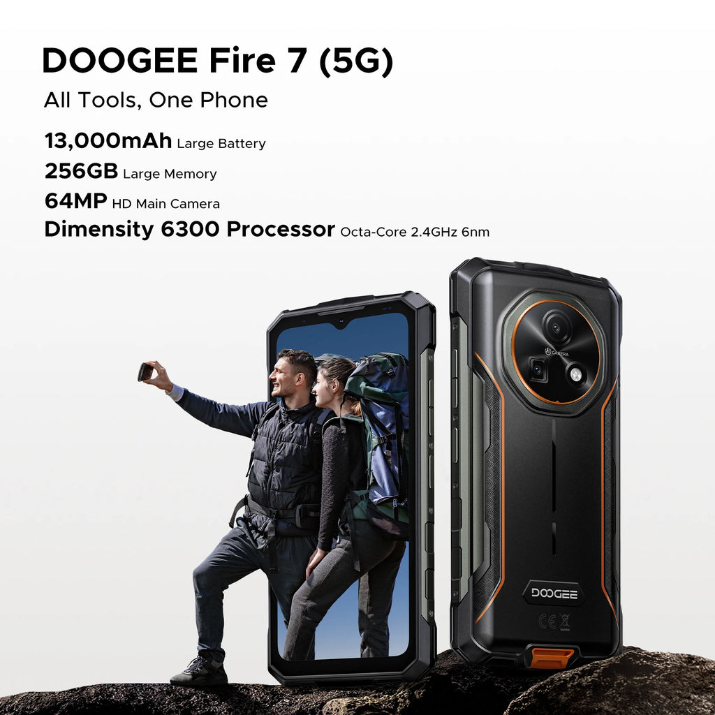 DOOGEE Fire 7 5G Rugged Phone Gemini AI 16GB (4+12) 256GB 13000mAh Battery Dimensity 6300 Smart phone NFC Android 15 64MP Camera