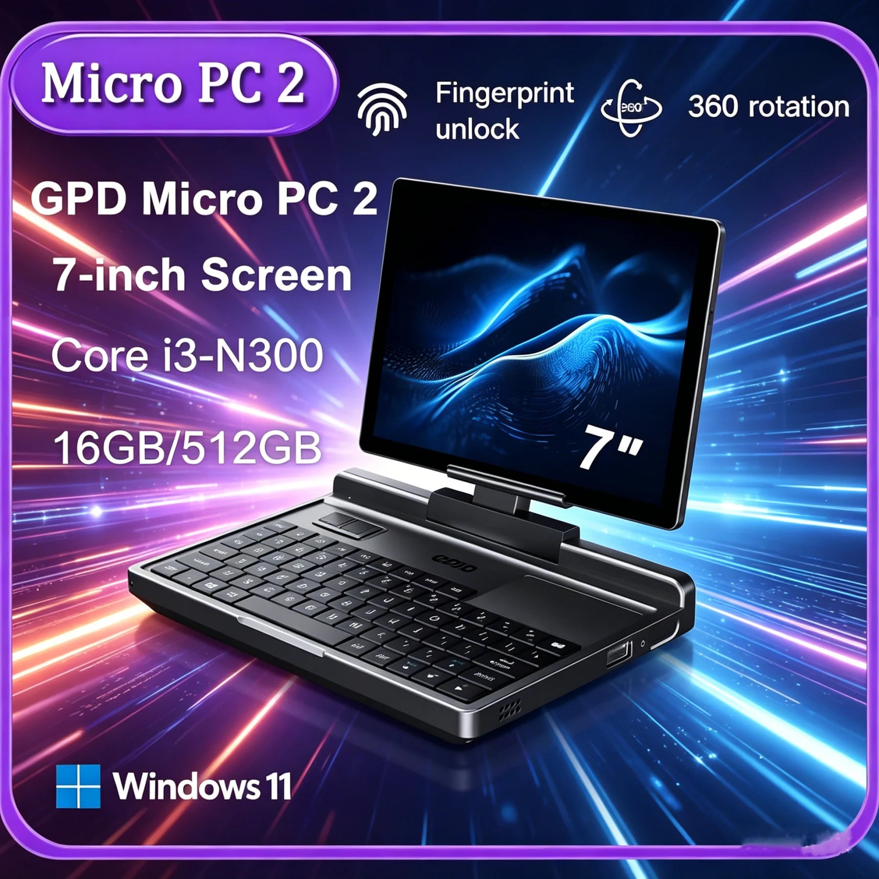 GPD Micro PC 2 Mini portátil de mano con pantalla táctil de 7 pulgadas, 16 GB de RAM, 512 GB de SSD, CPU N300, Windows 11, miniportátil de bolsillo
