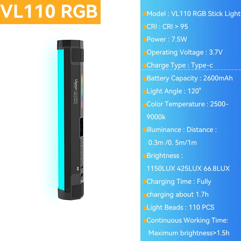 Ulanzi VL110 RGB Stick Light Led Video Tube Light Full Color Magnetic Handheld Lamp Dimmable Portable Photography Studio Light