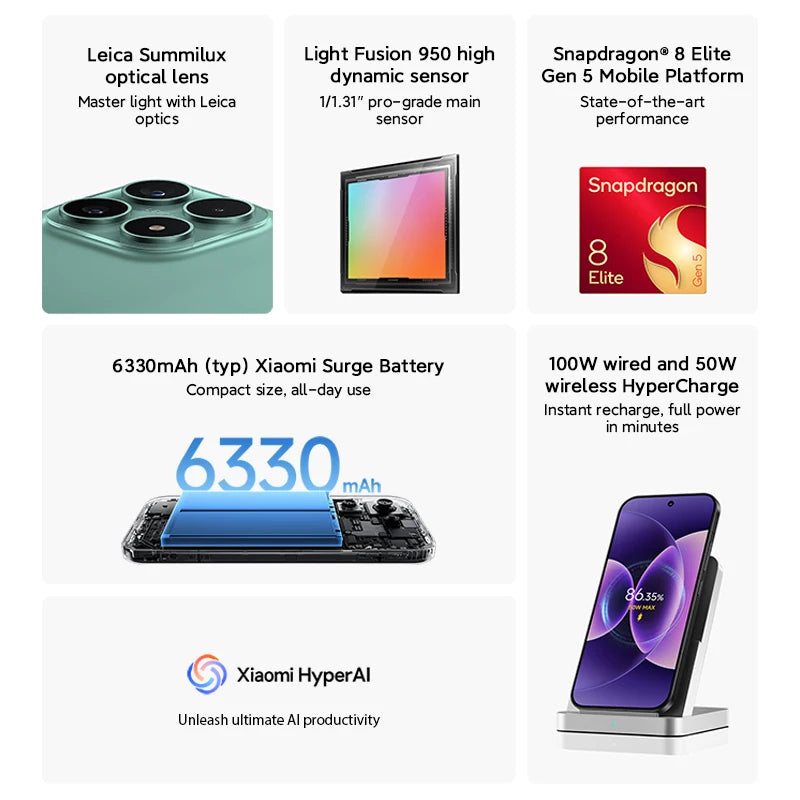 Global Version Xiaomi 17 Smartphone Snapdragon® 8 Elite Gen 5 Mobile Platform NFC 6.3" Xiaomi HyperOS 3 Up to 300Hz 6300mAh 50MP