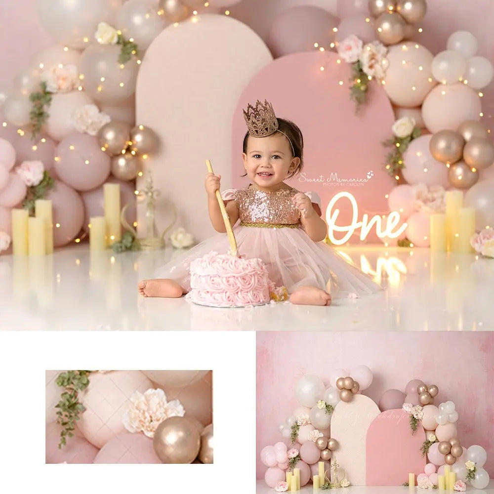 Romance Blushing Pink Photography Backdrop Kids Baby Cake Smash Photocall Decors Balloon Arch and Candle Studio Backgrounds