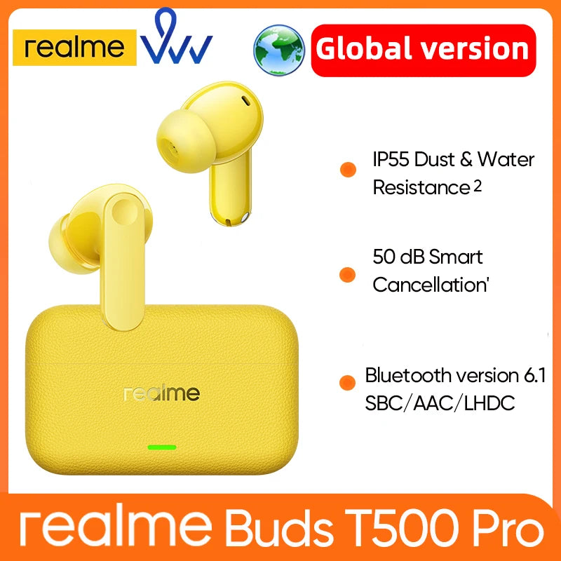 Global Version realme buds T500 pro  12.4mm Bass Driver LHDC Headphones 50dB Reduction Bluetooth 6.1 IP55 TWS Earbuds Wireless