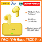 Global Version realme buds T500 pro  12.4mm Bass Driver LHDC Headphones 50dB Reduction Bluetooth 6.1 IP55 TWS Earbuds Wireless