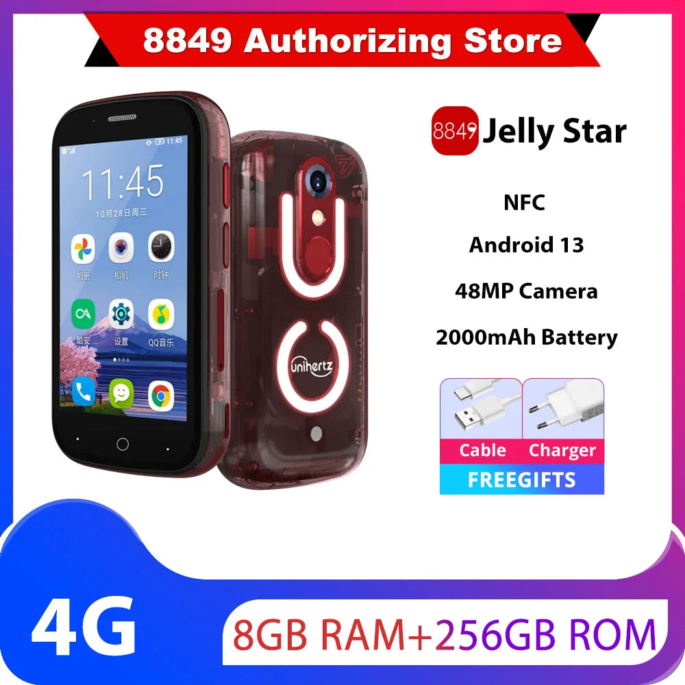 Unihertz Jelly Star 8GB 256GB Mini Smartphone Android 13 Led Light Unlocked Transparent Backshell Cellphones 48MP 3 inch Phone