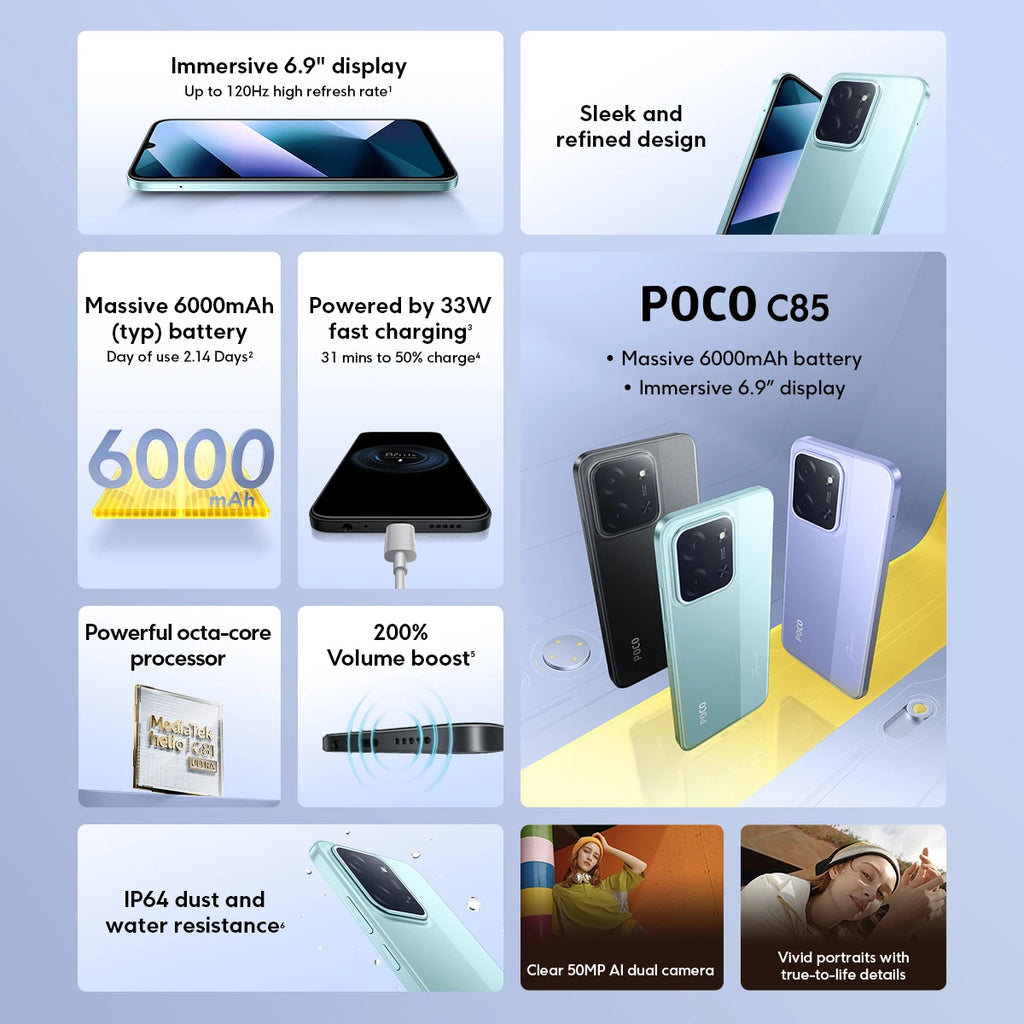 New POCO C85 Global Version NFC Smartphone MediaTek Helio G81-Ultra 6000mAh battery 6.9" 120Hz display 33W Charging 50MP Camera