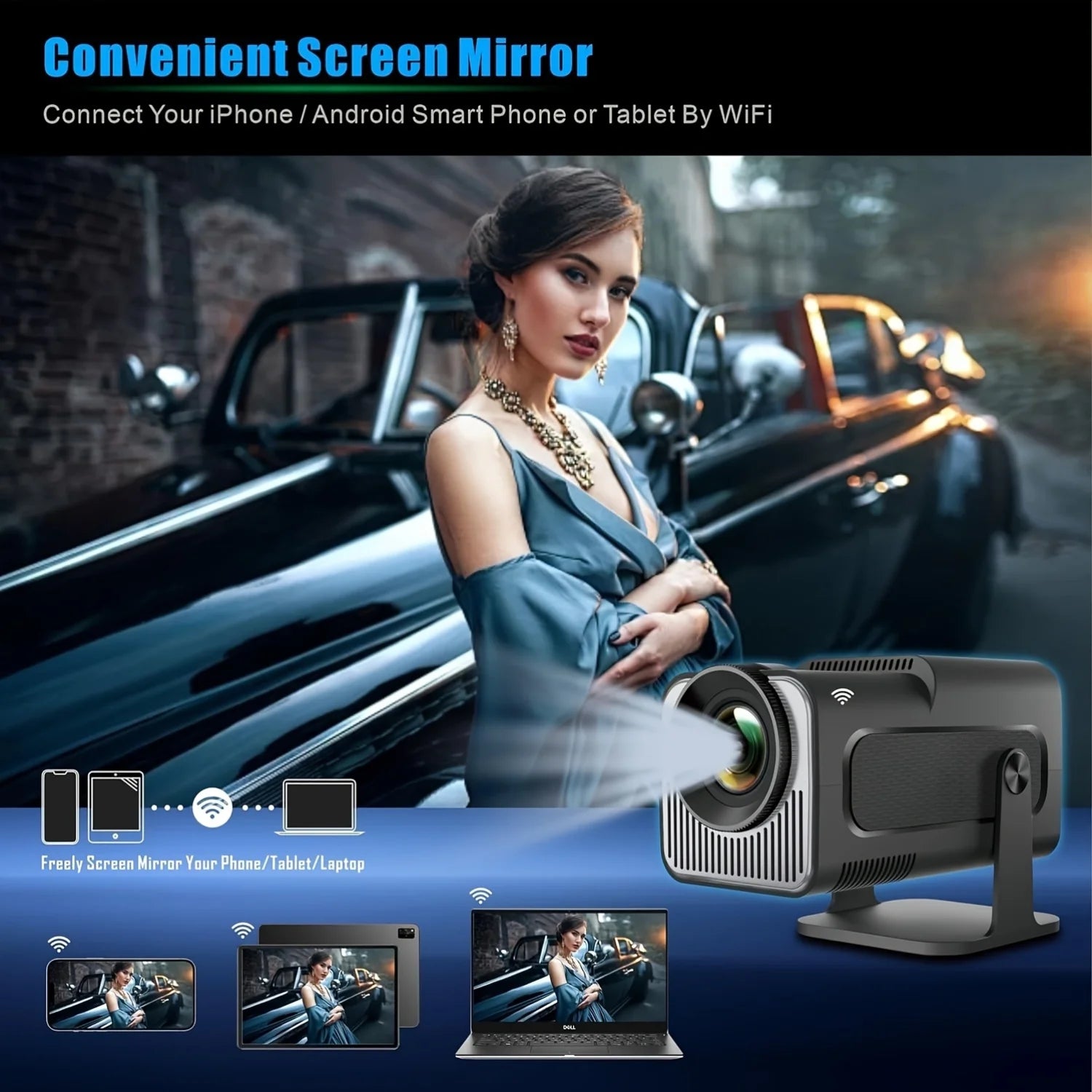 HY320Mini 4K Smart Video Projector,720P HD, 200ANSI Brightness,for Android 11.0,180° Rotatable for Home Theater and Outdoor Use