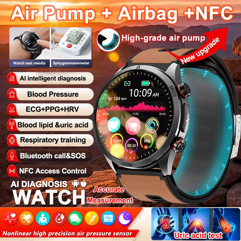 2026 New AI diagnosis Air Pump Smart Watches Accurate Measure Blood Pressure Uric Acid ECG Call NFC Health Airbag Smartwatch Men