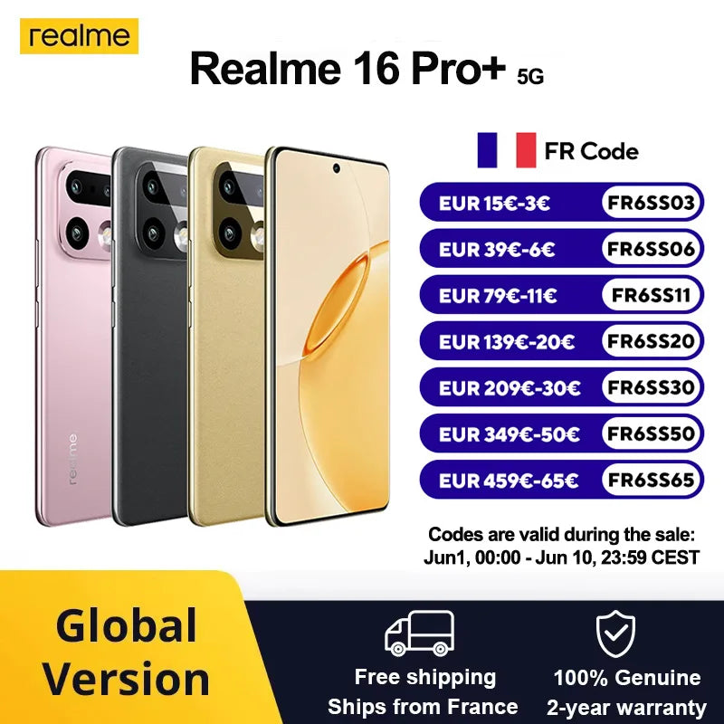 Global Version Realme 16 Pro+ 5G Smartphone Snapdragon®7 Gen 4 7000mAh Battery 200MP OIS Main Camera 6.80’’ AMOLED Display