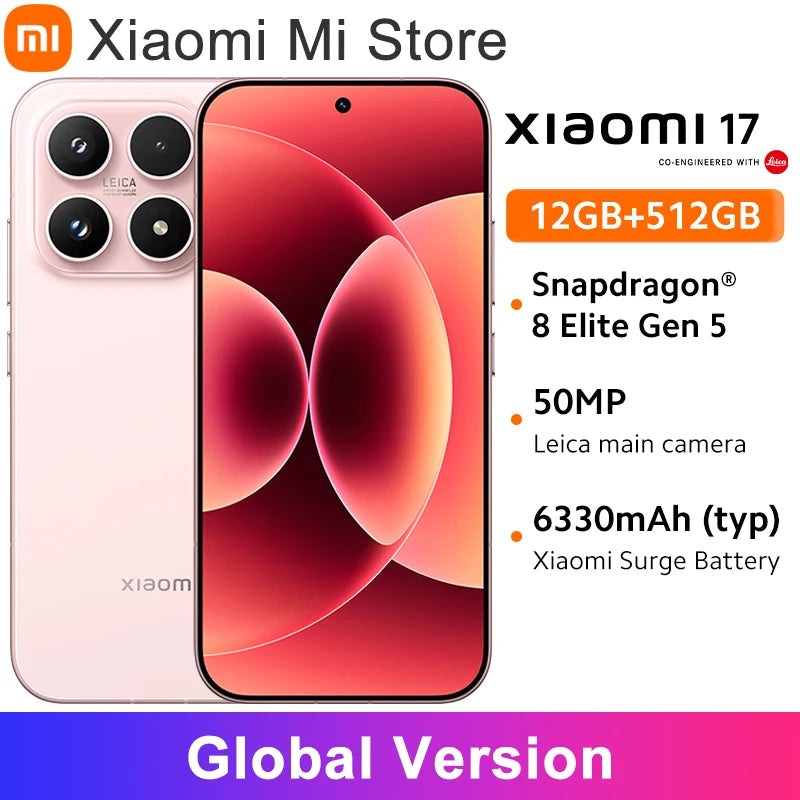 Global Version Xiaomi 17 Smartphone Snapdragon® 8 Elite Gen 5 Mobile Platform NFC 6.3" Xiaomi HyperOS 3 Up to 300Hz 6300mAh 50MP