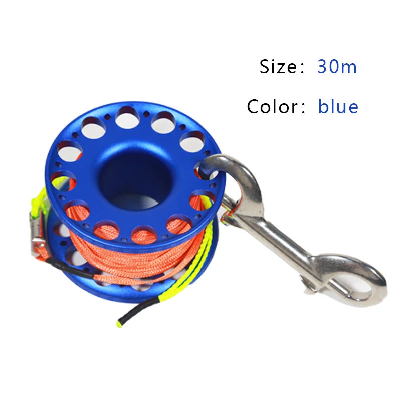 15M/30M Scuba Diving Aluminum Alloy Spool Finger Reel with Stainless Steel SMB Safe Equipment  Accessories Bolt Snap Hook