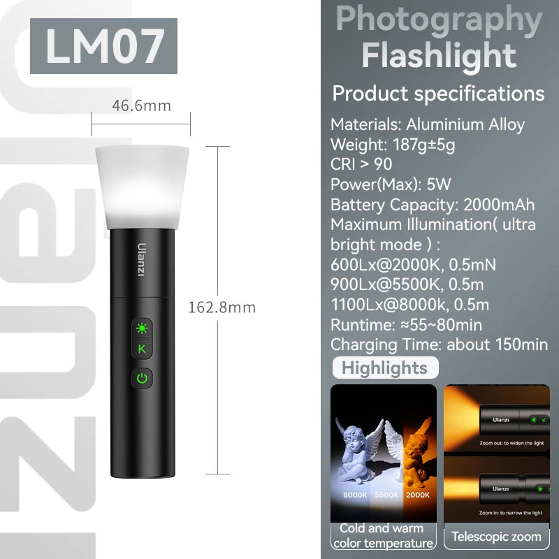 Ulanzi LM07 LED Videography Flashlight Fill Light Creative Multicolor Spotlight Zoom Portrait Atmosphere Photography Sunset Lamp