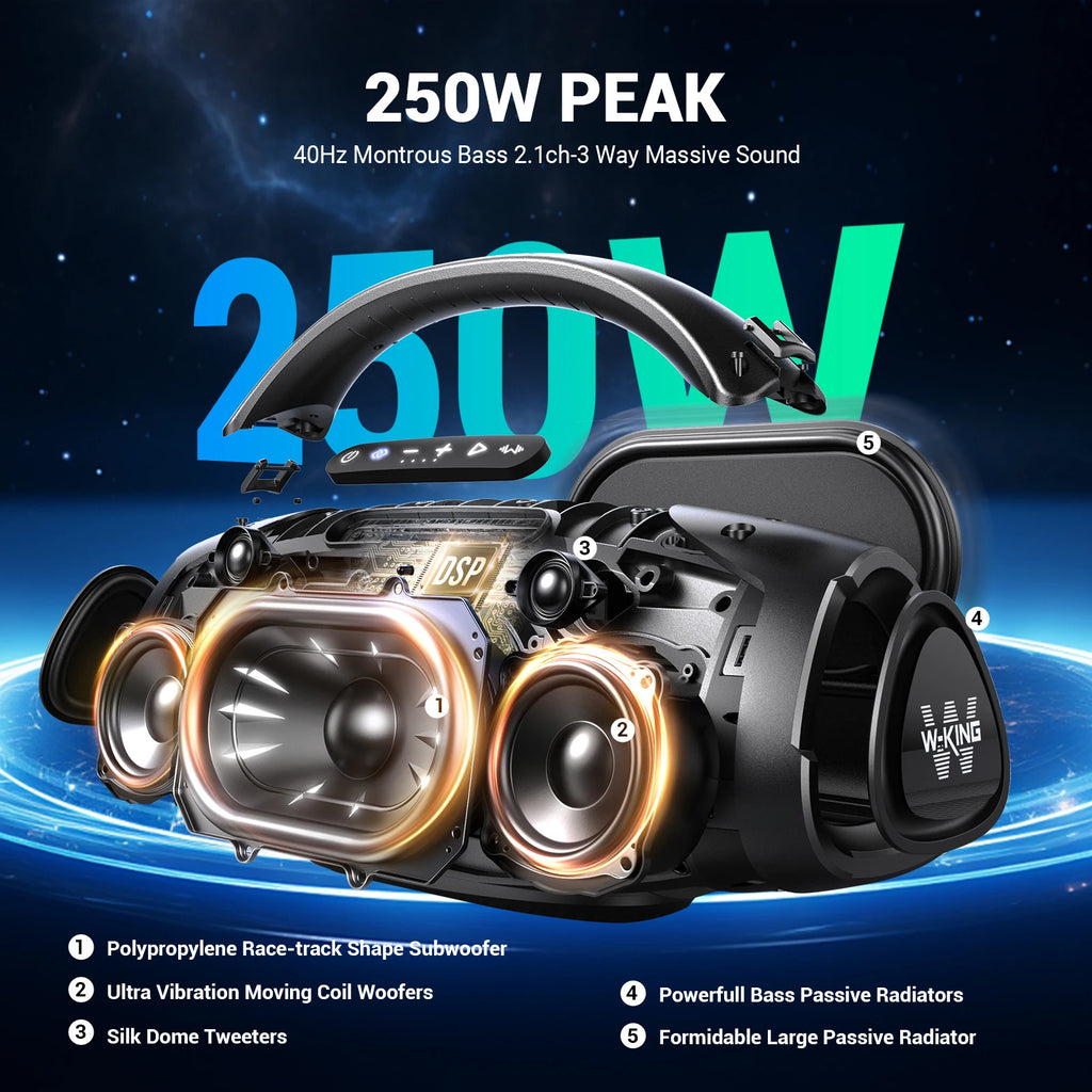 W-KING 140W RMS Portable Bluetooth Speakers,Massive Bass Party Boombox IPX7 Waterproof Speaker Large, Loud Outdoor Speaker