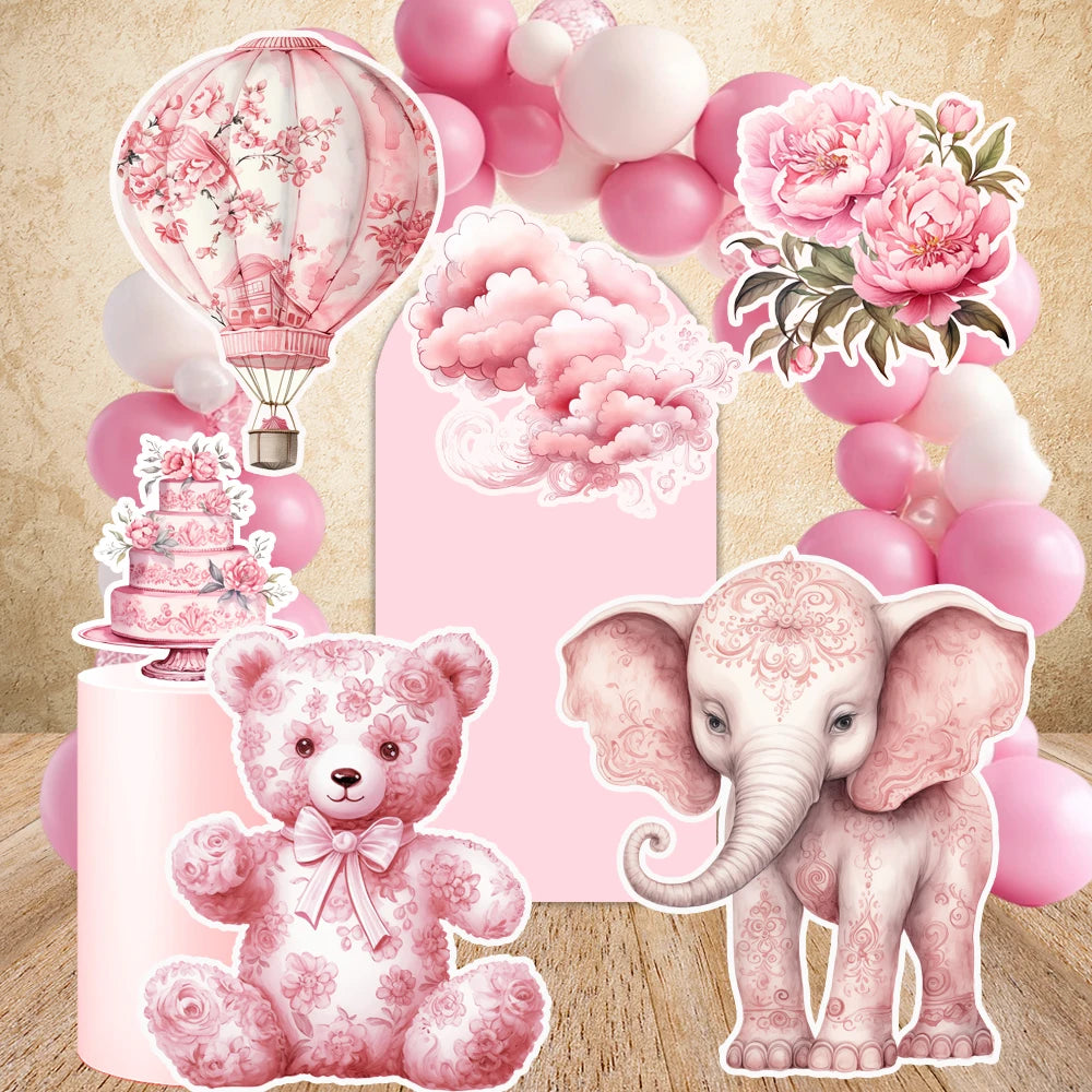 Decoración de telón de fondo para fiesta de cumpleaños con recortes de ositos de peluche de tablero KT para baby shower, rosa Toile De Jouy, globos aerostáticos, cartón, floral rosa