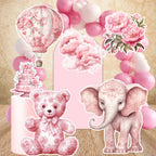 Decoración de telón de fondo para fiesta de cumpleaños con recortes de ositos de peluche de tablero KT para baby shower, rosa Toile De Jouy, globos aerostáticos, cartón, floral rosa