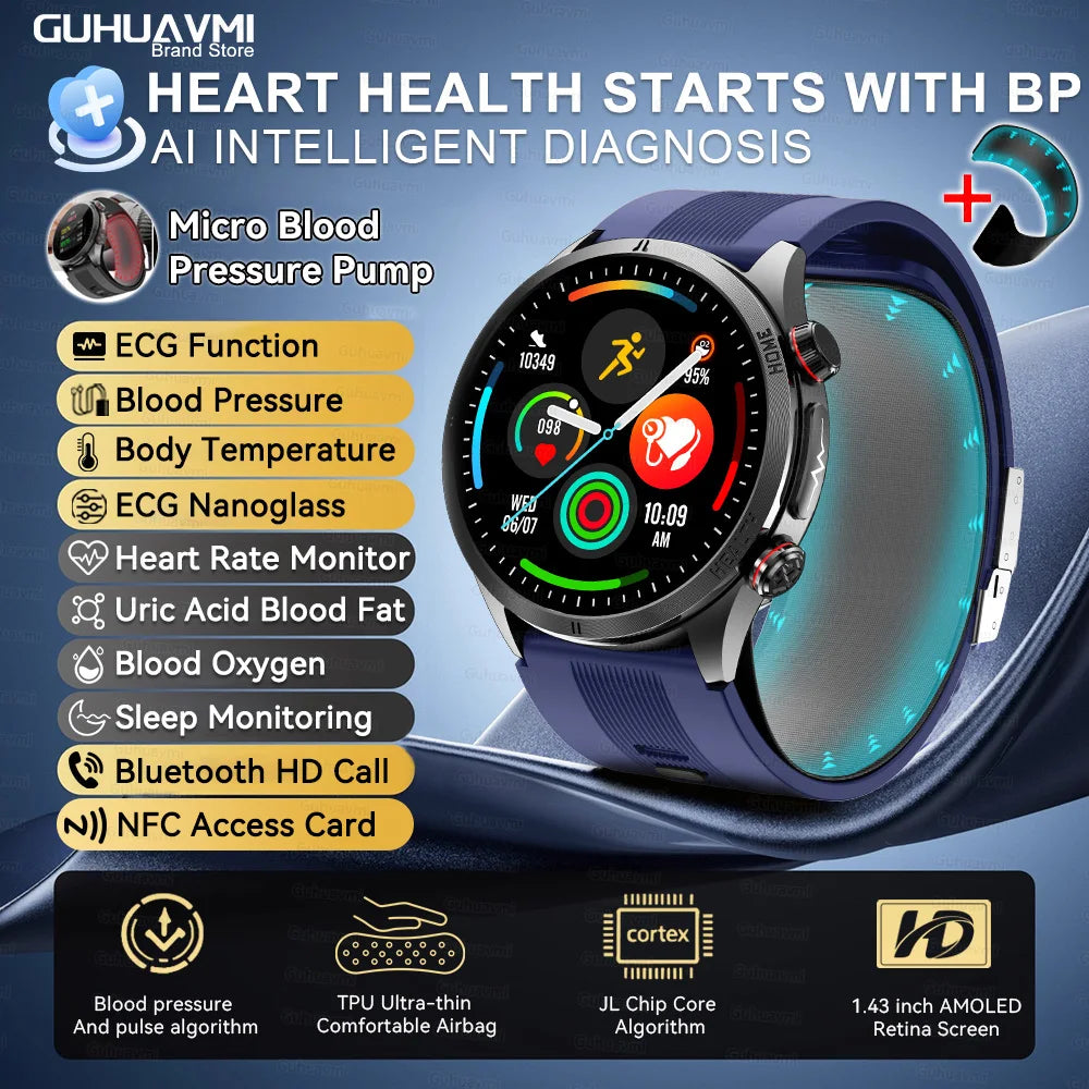 2026 New AI diagnosis Air Pump Smart Watches Accurate Measure Blood Pressure Uric Acid ECG Call NFC Health Airbag Smartwatch Men