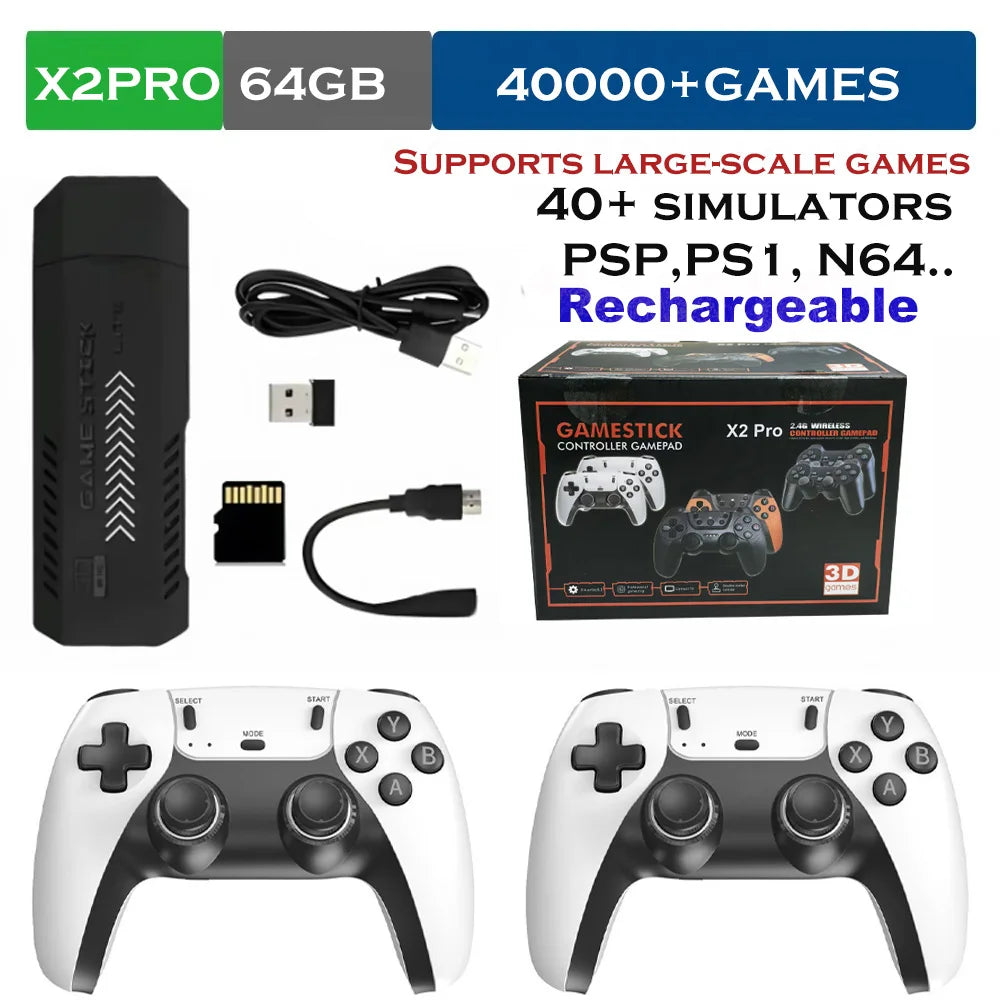 The X2 Pro video game console comes with 50,000 retro games and over 40 emulators, and is compatible with PS1/N64/PSP.