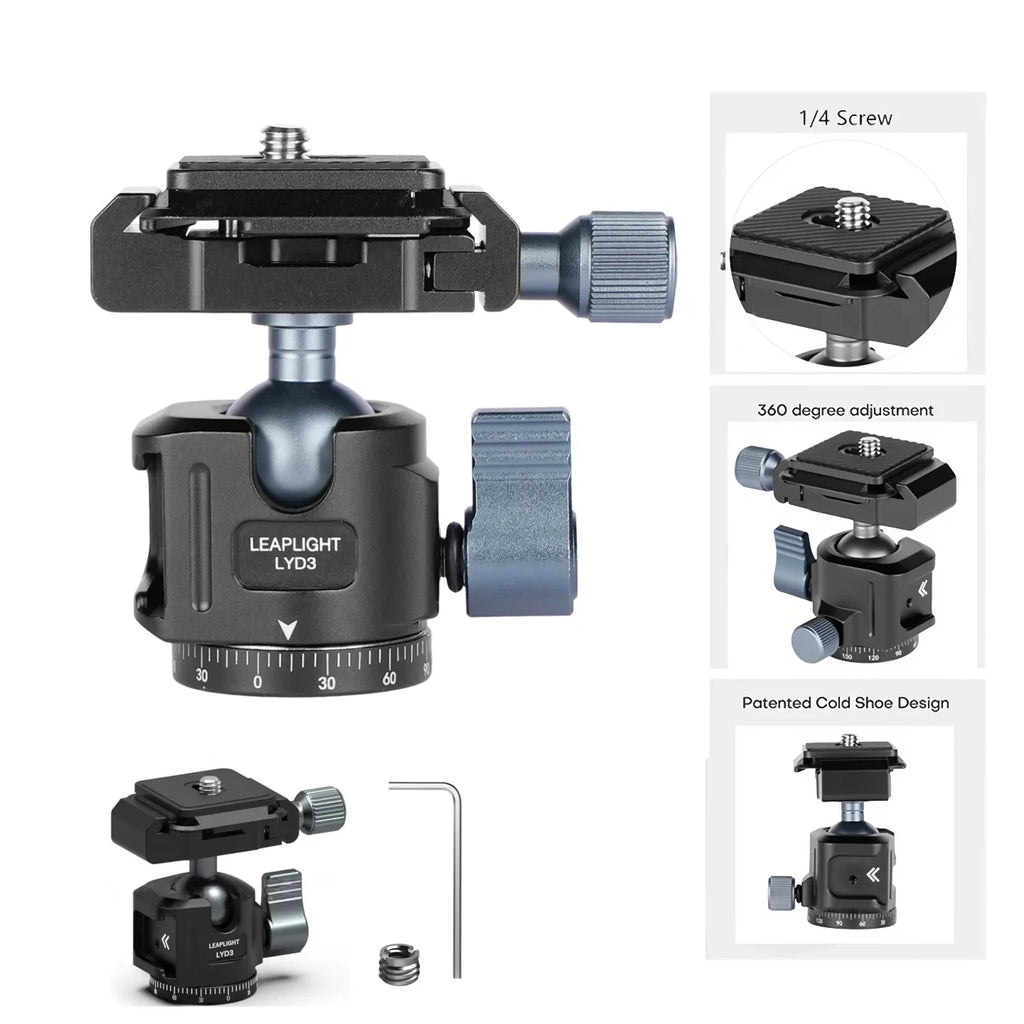 Quick Release Aluminum Tripod Ball Head w Arca Swiss +Cold Shoe Camera Mount for DSLR Camera Monitor Mic Light Tripod Photograph