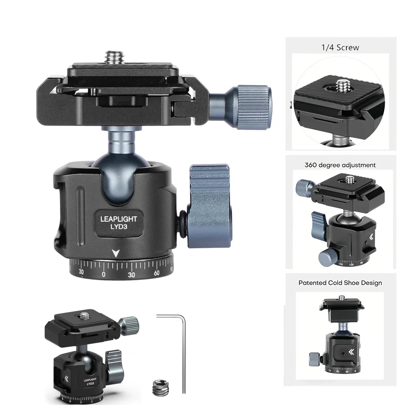 Rótula de bola de trípode de aluminio de liberación rápida con Arca Swiss + Soporte de zapata fría para cámara DSLR Monitor Micrófono Luz Trípode Fotografía