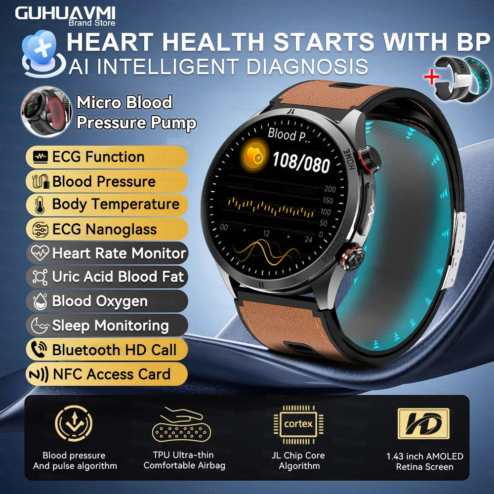 2026 New AI diagnosis Air Pump Smart Watches Accurate Measure Blood Pressure Uric Acid ECG Call NFC Health Airbag Smartwatch Men