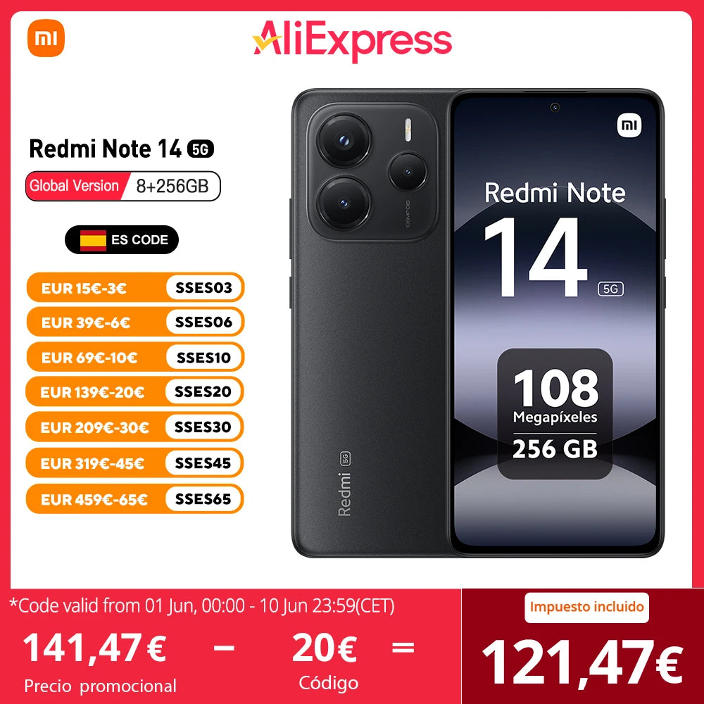 Xiaomi Redmi Note 14 5G European Version 8+256GB  Dimensity 7025-Ultra AMOLED Display 6.67" 120Hz 108MP Main Camera OIS 45W Charging, IP64, NFC
