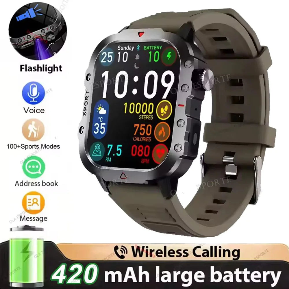 Militar Reloj Inteligente para Hombre, GPS, Linterna, Llamadas Bluetooth, Pantalla AMOLED de 2.01", 5 ATM Sumergible, Reloj Deportivo Inteligente