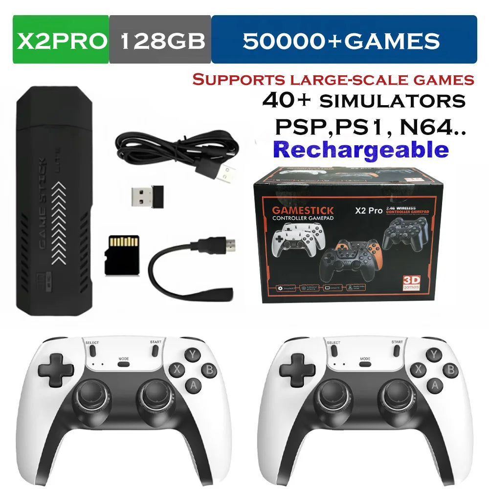 The X2 Pro video game console comes with 50,000 retro games and over 40 emulators, and is compatible with PS1/N64/PSP.