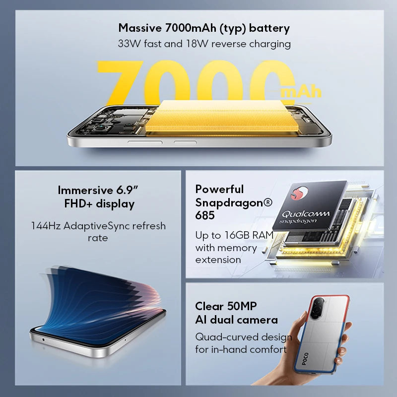 Global Version POCO M7 Snapdragon® 685 Smartphone 6.9" 144Hz FHD+ DotDisplay 50MP Camera 7000mAh Battery 33W Fast Charging NFC