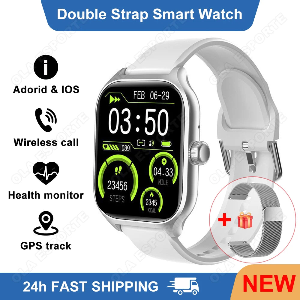 New Double Strap Smart Watch 1.75" AMOLED Screen Voice Assistant Bluetooth Call Men Women Smartwatch Heart Rate Sleep Monitoring