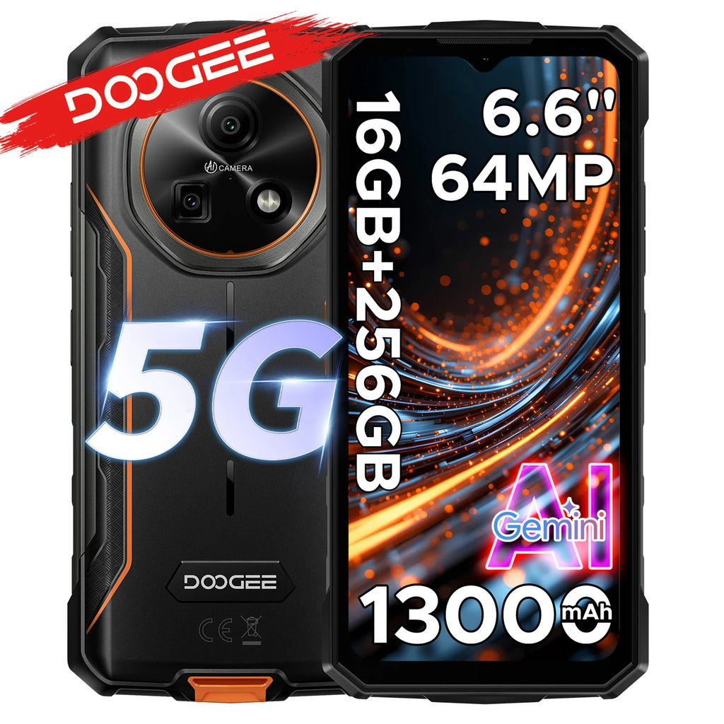 DOOGEE Fire 7 5G Rugged Phone Gemini AI 16GB (4+12) 256GB 13000mAh Battery Dimensity 6300 Smart phone NFC Android 15 64MP Camera