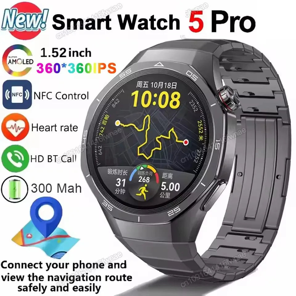 Nuevo Watch 5 Smart Watch 5 Pro Hombre HD AMOLED Pantalla GPS Frecuencia cardíaca Llamada Bluetooth IP68 Impermeable Smartwatch Hombre Regalos de Vacaciones