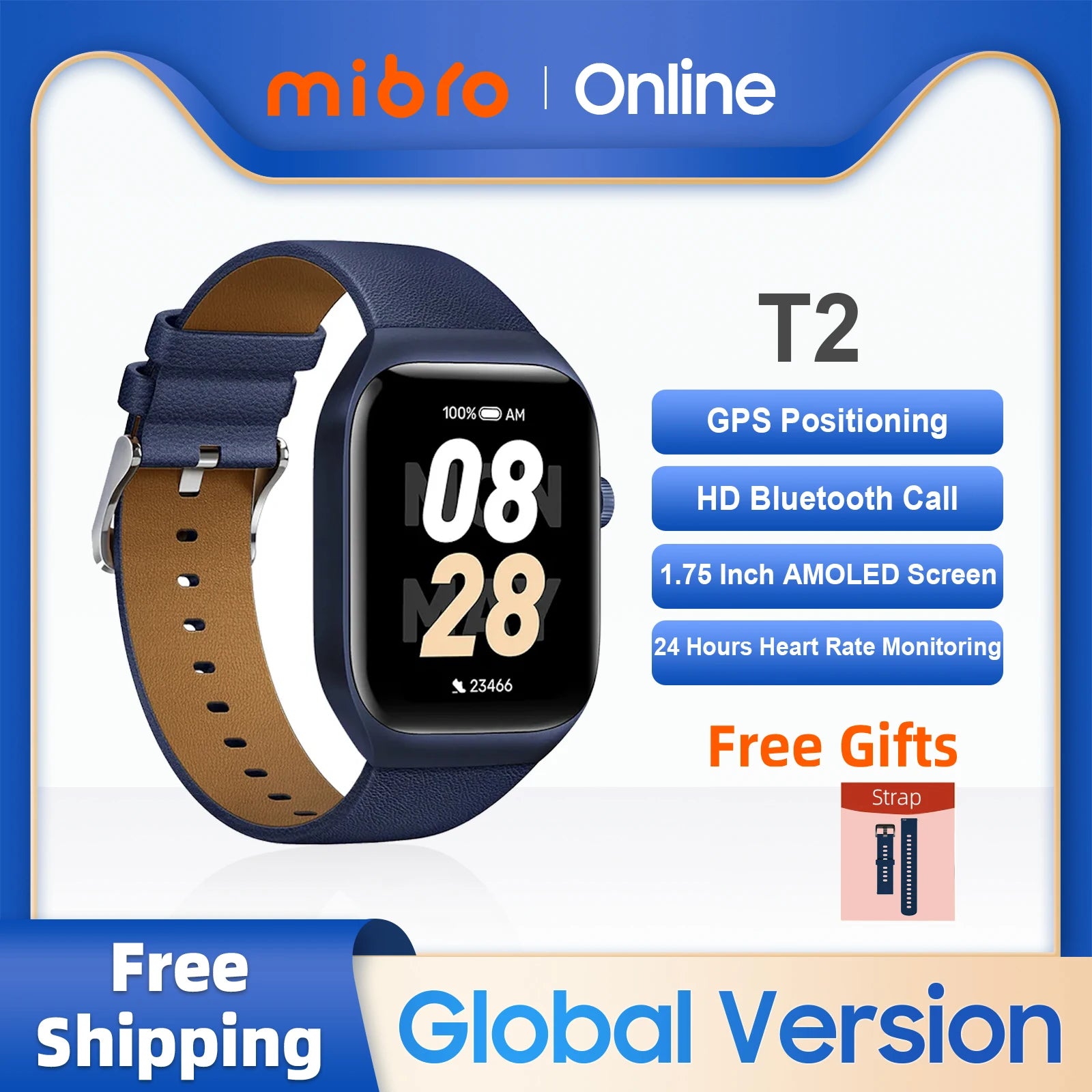 Mibro T2 Smartwatch, posicionamiento GPS, pantalla AMOLED HD de 1.75 pulgadas, AOD, resistencia al agua de 2 ATM, llamadas Bluetooth, relojes inteligentes deportivos para hombres y mujeres