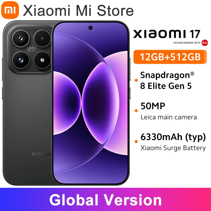 Global Version Xiaomi 17 Smartphone Snapdragon® 8 Elite Gen 5 Mobile Platform NFC 6.3" Xiaomi HyperOS 3 Up to 300Hz 6300mAh 50MP