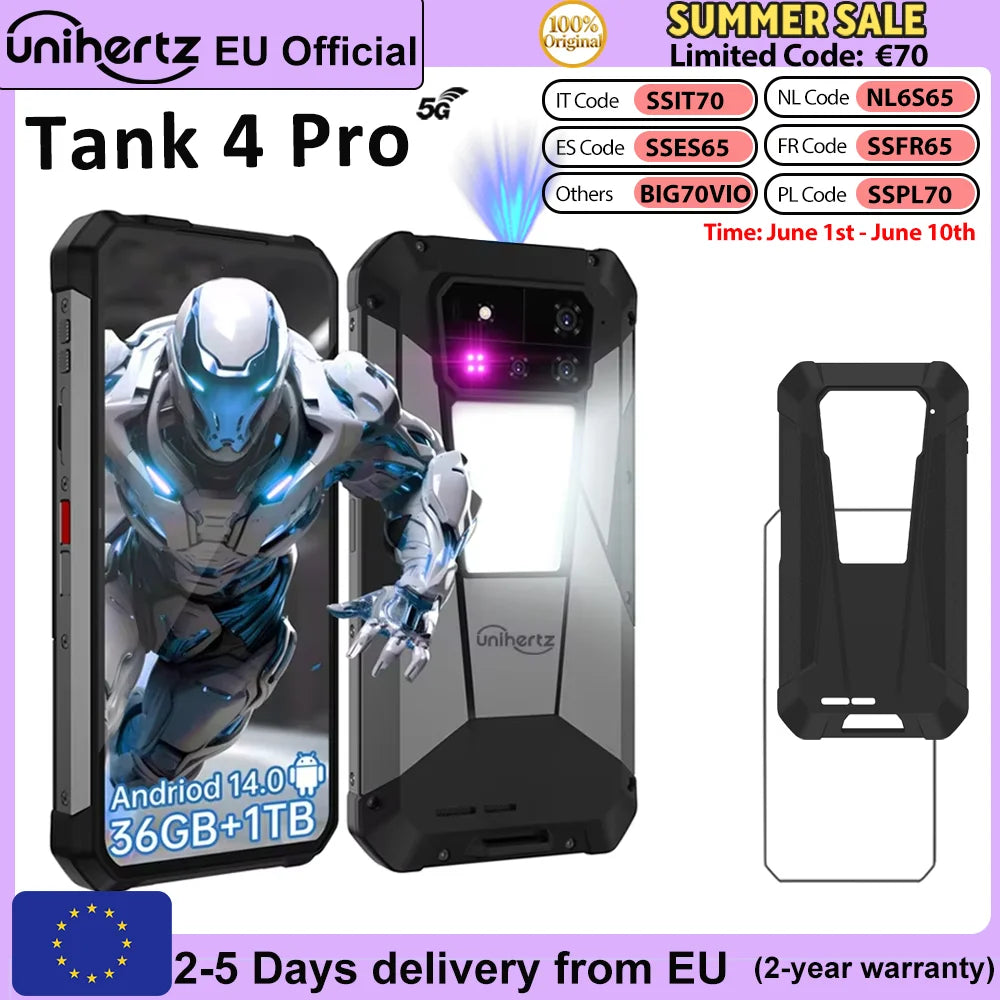 Unihertz by 8849 Tank 4 Pro Al Smartphone 5G Android 14 with 720P Projector 1TB+512GB MTK 8300 3K 120HZ AMOLED 11600mAh Battery