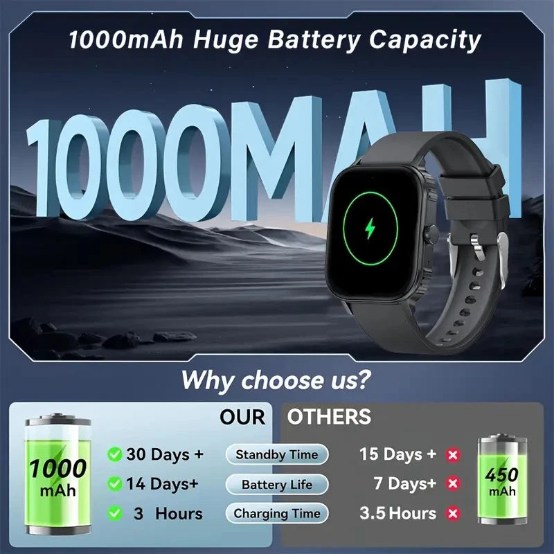 DAORKOW's new large-battery watch, 1000mAh, Bluetooth call, heart rate, blood pressure, and smartwatch for both men and women