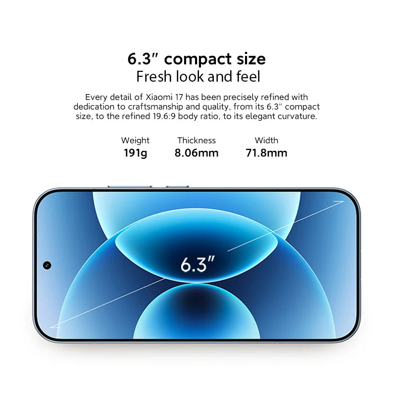 Global Version Xiaomi 17 Smartphone Snapdragon® 8 Elite Gen 5 Mobile Platform NFC 6.3" Xiaomi HyperOS 3 Up to 300Hz 6300mAh 50MP