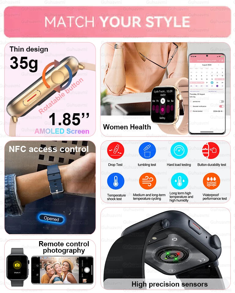 2025 New NFC Smart Watch Women AMOLED HD Screen IP68 Waterproof Blood Oxygen Heart Rate BT Call Smartwatch Watch