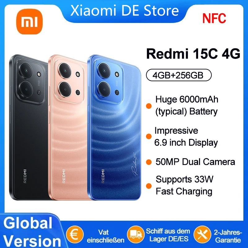 Global Version Redmi 15C 4G NFC Mobile Phone 50MP AI Dual Camera 6000mAh 33W Fast Charging Cellphone Smartphone 4G + 256GB