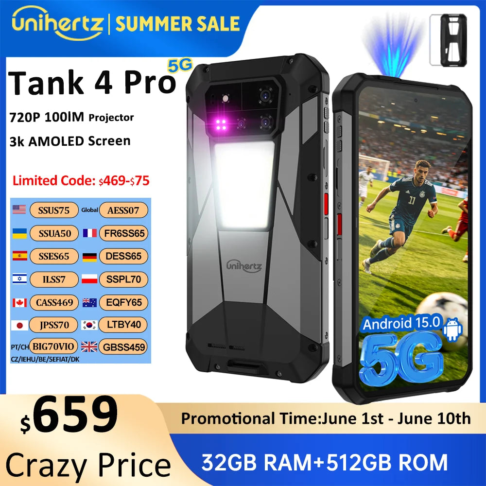 Unihertz by 8849 Tank 4 pro 5G AI Rugged Phone Built-in 720P Projector Dimensity 8300 512GB/1TB ROM 3k AMOLED 11600mAh IP68/IP69