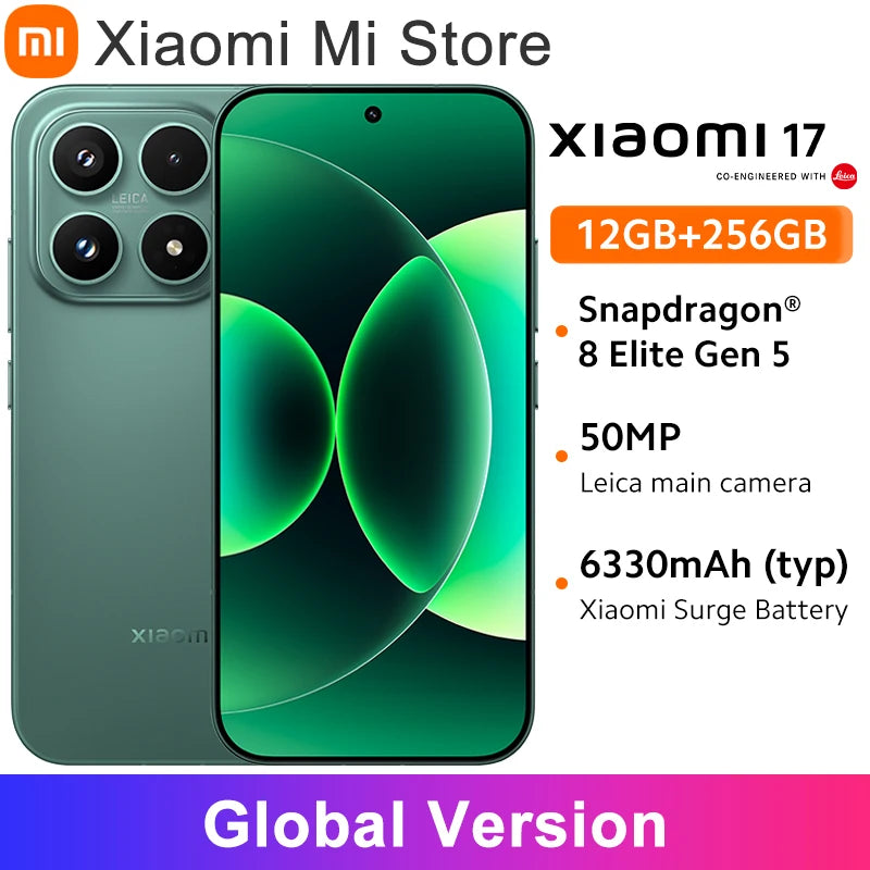 Global Version Xiaomi 17 Smartphone Snapdragon® 8 Elite Gen 5 Mobile Platform NFC 6.3" Xiaomi HyperOS 3 Up to 300Hz 6300mAh 50MP