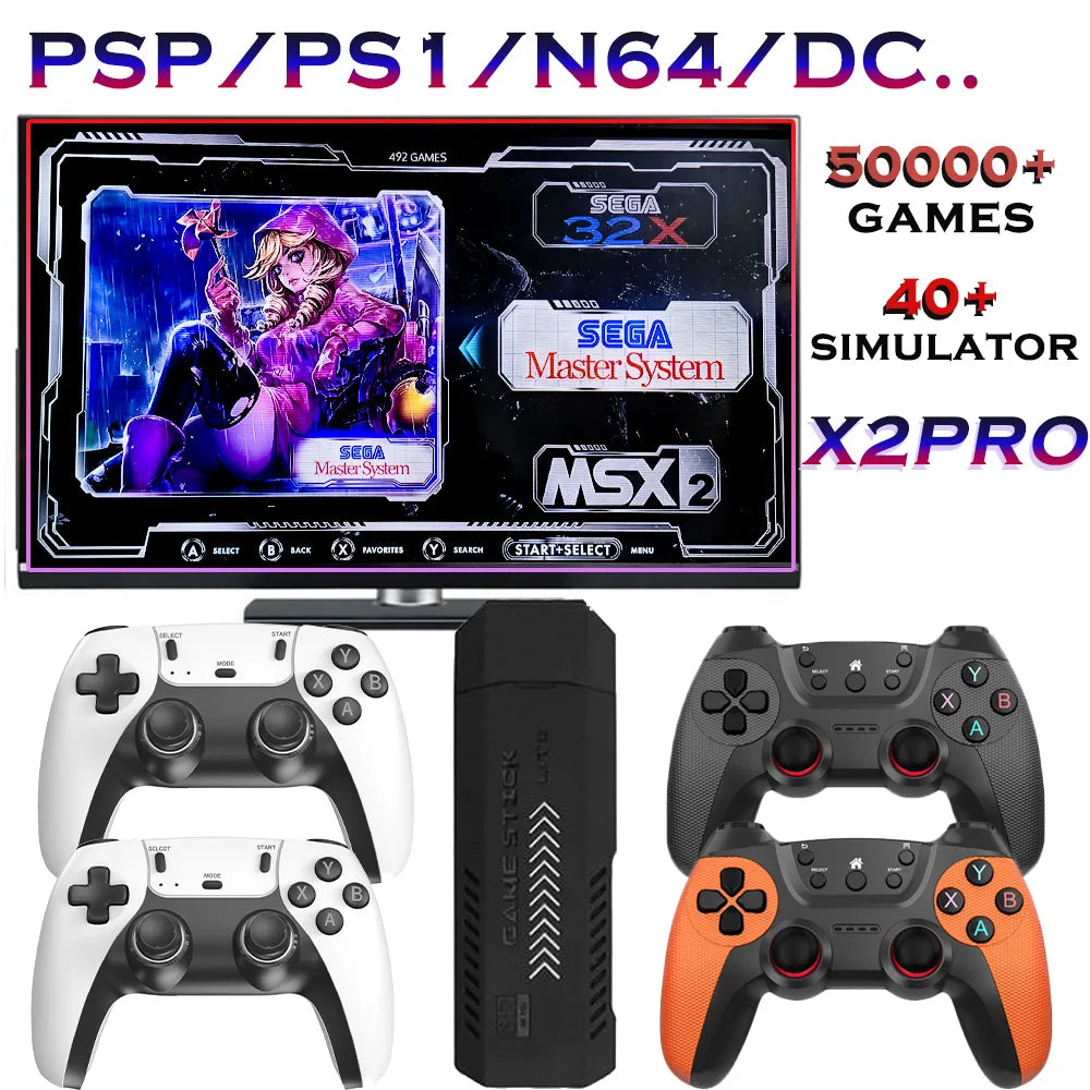 The X2 Pro video game console comes with 50,000 retro games and over 40 emulators, and is compatible with PS1/N64/PSP.